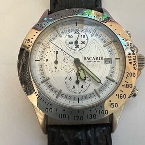 Bacardi Rare Men's Silver & Black “Bat” Face Watch Leather Band